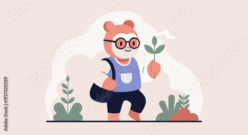 A cute, round-faced character wearing glasses and a backpack walks in a natural setting