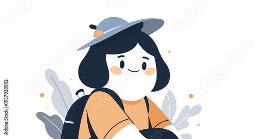 Adorable animated character in a hat and backpack, surrounded by abstract foliage and dots