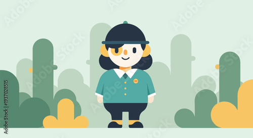 A cheerful, round character with dark hair, a hat, and a turquoise uniform stands in a stylized, abstract landscape