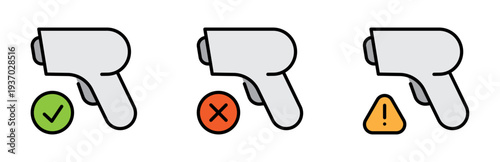 Barcode reader icons set. Scanning, scanner sign. Scan reader symbol. Check, cross, exclamation mark. Colorful solid vector icon collection. For apps, website, business, ui, ux design, infographic.