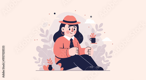 A stylish person in a hat sits among plants with a cup