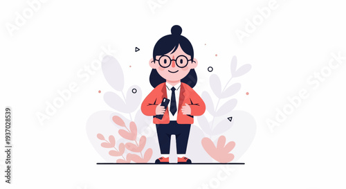 Stylized woman in a blazer, holding a phone, amidst abstract plant elements
