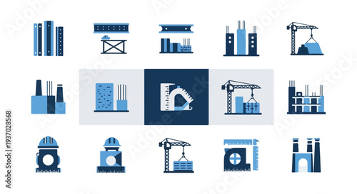 A grid of blue and white vector icons illustrating construction, architecture, and engineering themes, featuring buildings, cranes, tools, and industrial elements.