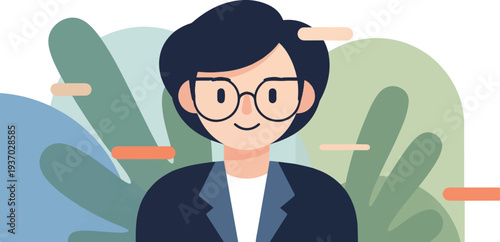 A stylized portrait of a person in glasses and a suit against a background of abstract shapes