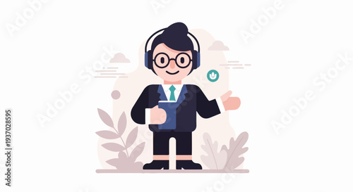 Cartoon person with headphones holding a book and offering help