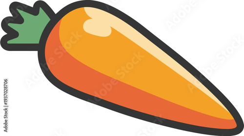 A stylized illustration of a carrot featuring vibrant orange and green hues. Outlined with a thick black border