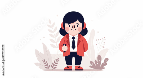 Cheerful character with headphones in a suit, holding a phone amidst foliage