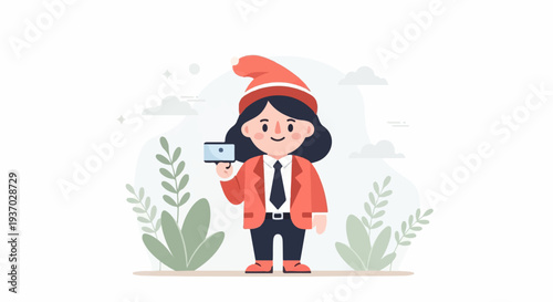 A person in a festive hat and suit holds a small tablet, surrounded by plants and a cloudy sky