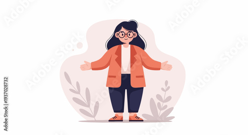 A person wearing glasses and an orange jacket stands with arms outstretched, offering a welcoming gesture