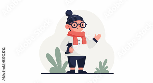 Cute character in winter attire with round glasses, holding a book, waving