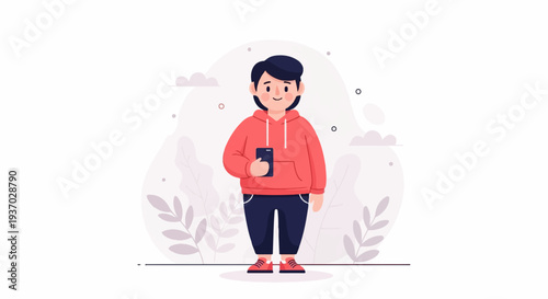 A cheerful character in a red hoodie and dark pants holds a smartphone