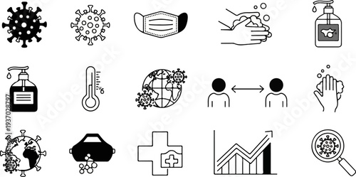 Icons depicting health and safety measures related to a virus