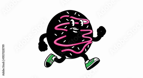 Animated black donut with pink icing running, wearing green shoes