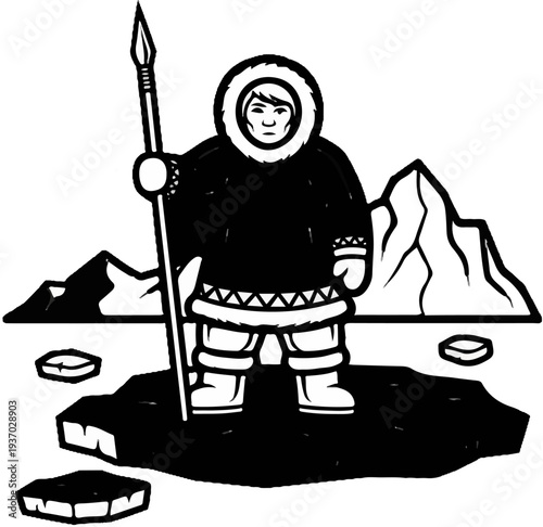 Arctic hunter in furs with spear stands on ice floe, mountains behind