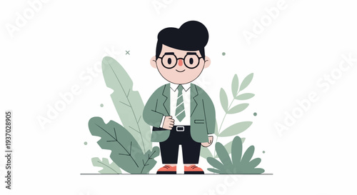 A stylized male figure in a green suit and glasses stands amidst lush green foliage