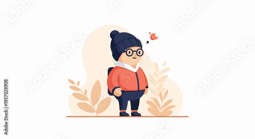 Cute character in winter attire with a backpack and leaves