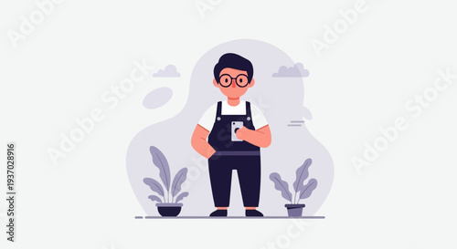 Person in overalls holding a phone, with plants and abstract shapes in background