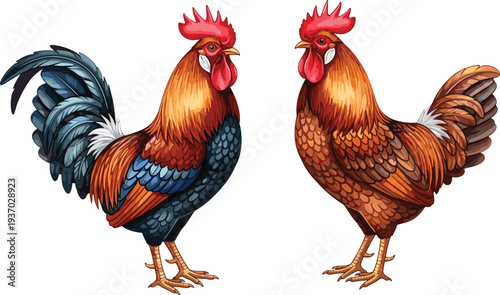 Detailed vector illustration of two roosters facing each other with vibrant colorful feathers, realistic posture, and artistic farmyard bird designDetailed vector \