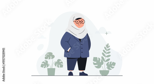 Person wearing hijab and suit, with plants and abstract shapes in background