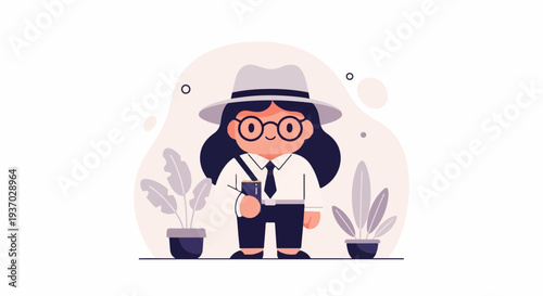 Cute character in hat and glasses holding a drink, flanked by potted plants