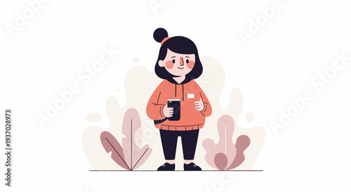 Chubby cartoon character in orange hoodie holding a phone, surrounded by plants