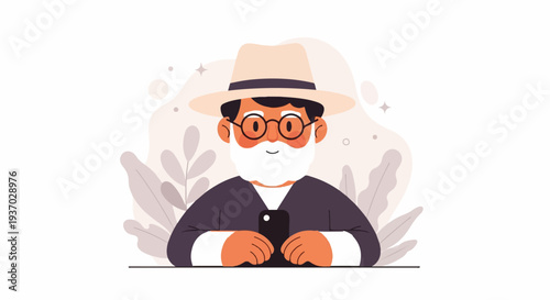 A smiling, bespectacled elder with a hat and beard holds a smartphone, surrounded by stylized leaves