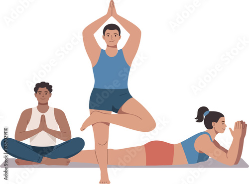 People practicing various yoga poses indoors for wellness and physical fitness