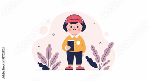 A cheerful young person in a red hat, headphones, and yellow shirt holds a book