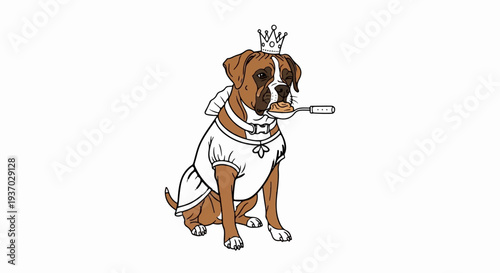 Dog wearing a crown and dress eats from a spoon