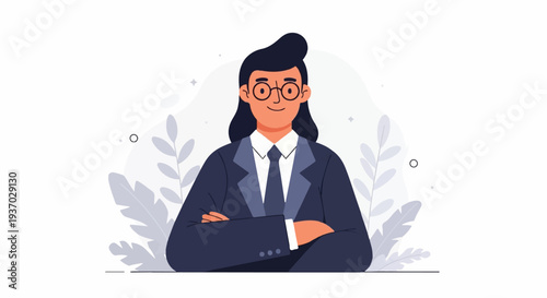 Confident person in a suit, with glasses, arms crossed, against a backdrop of stylized leaves