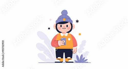A stylized cartoon child in winter attire holds a phone, surrounded by abstract floral elements