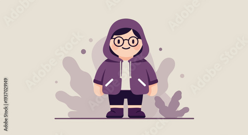 A stylized, pixelated character with glasses and a purple hooded jacket stands against a muted background