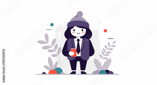 Minimalist cartoon character in winter attire holding a beverage
