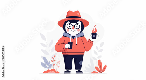Stylized character in a hat and hoodie, holding mugs, with fiery drink and botanical elements