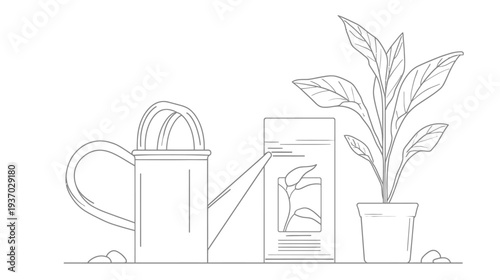 A line drawing depicting gardening tools and a potted plant, with a packet and a watering can