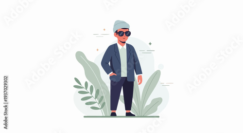 Stylish man in a suit and beanie stands with plants