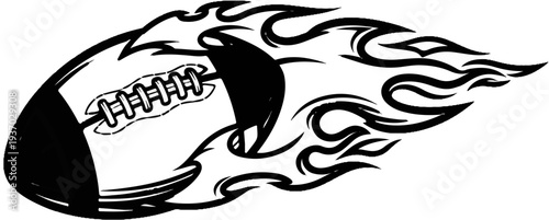 A stylized American football with flames trailing behind it
