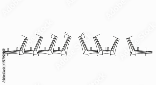 Architectural diagram of a bascule bridge mechanism in various stages of operation