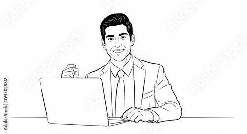 Confident man in suit smiles and uses laptop, hand on keyboard