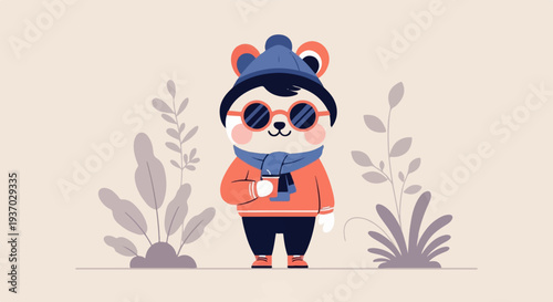 A cute cartoon bear character in winter attire holds a warm drink, surrounded by stylized foliage