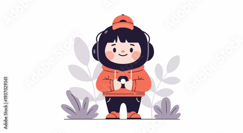 A cartoon child with headphones and a hoodie stands holding a donut, surrounded by plants