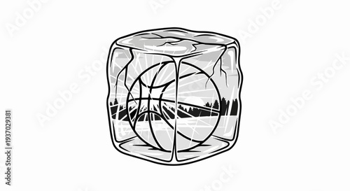 Basketball trapped in ice cube, silhouette of trees against sunset