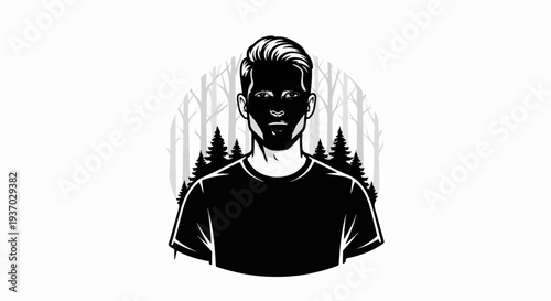Black and white illustration of a man's head and shoulders against a forest backdrop