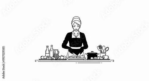 A woman in a chef's outfit prepares food on a counter