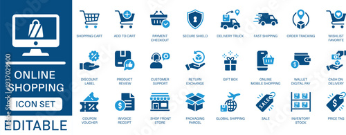 online shopping and e-commerce icon set. features shopping cart, secure payment, express delivery, global shipping, and customer support symbols. perfect for flat vector icon collection.