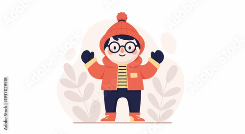 A cheerful cartoon child in winter attire, wearing a hat, scarf, and coat, stands with arms outstretched