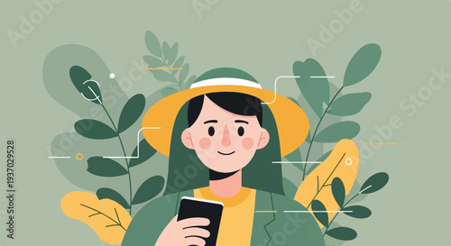 Person in sun hat holding phone amidst stylized green leaves and abstract yellow shapes