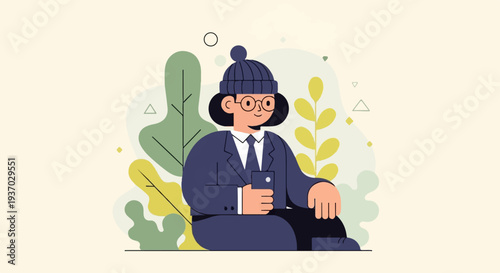 A person in a suit and beanie sits amongst abstract plants, holding a phone