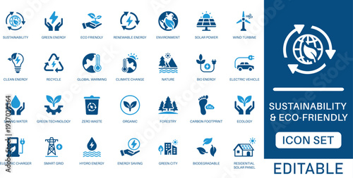 Sustainability and eco-friendly icon set. Features renewable energy, solar power, and carbon footprint. Perfect for green tech, sustainability reports, and environmental projects.