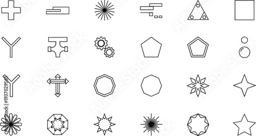 Collection of minimalist black outline geometric shapes featuring stars polygons gears and abstract symbols isolated on a white background.